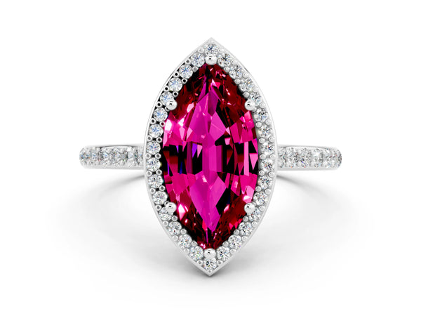 Platinum Marquise Cut Garnet Halo Engagement Ring with Round Pavé Shoulders and Prong Setting