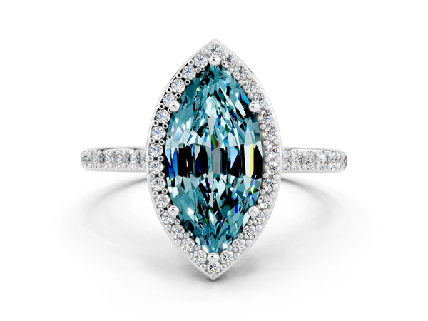 White gold Marquise Cut Halo Round Diamond Pavé Band with Four-Prong Setting