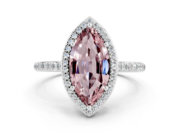 Platinum Marquise Cut Halo Round Diamond Pavé Band with Four-Prong Setting