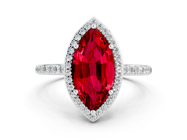 Platinum Marquise Cut Halo Round Diamond Pavé Band with Four-Prong Setting