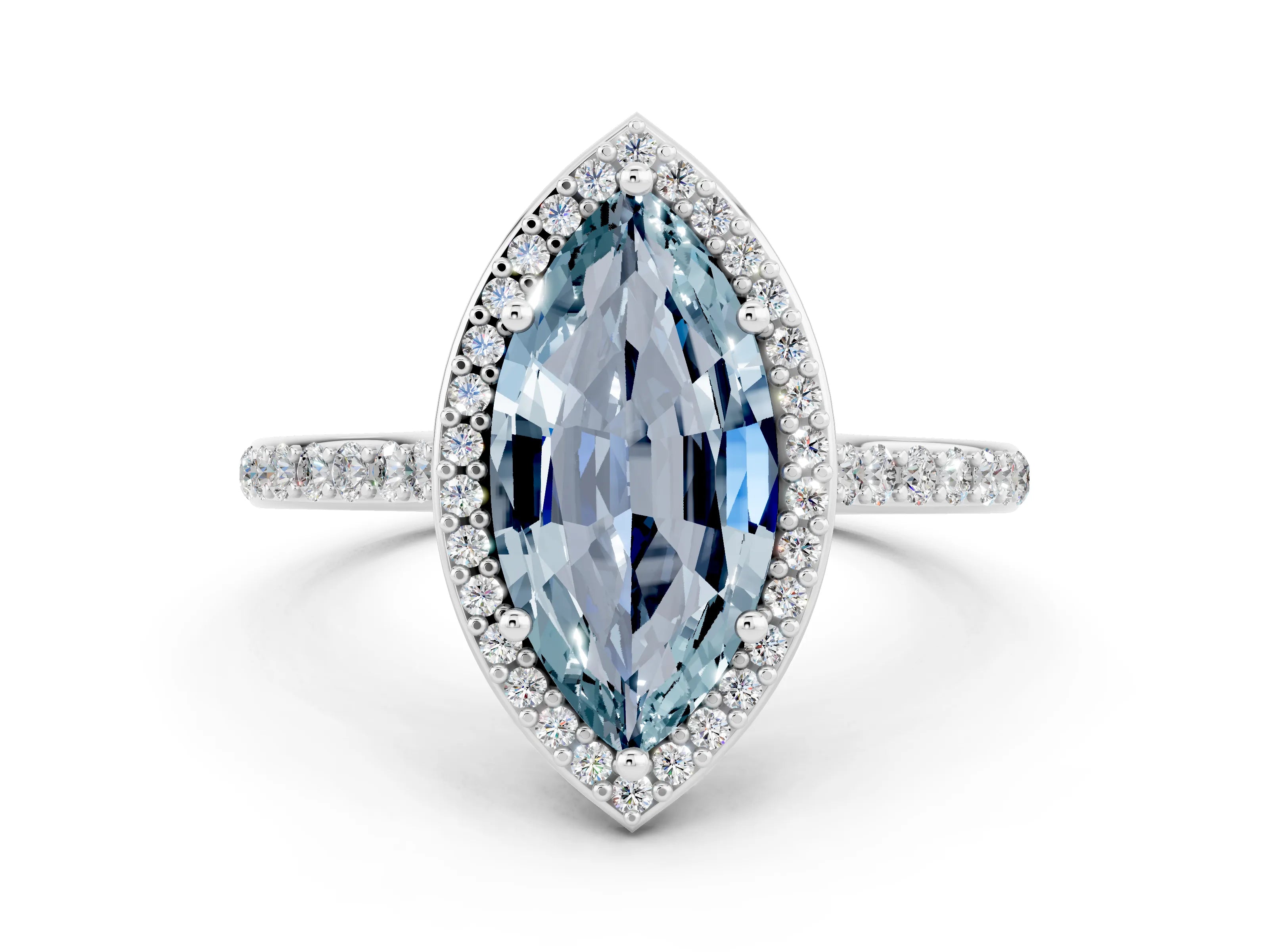 White gold Marquise Cut Halo Round Diamond Pavé Band with Four-Prong Setting