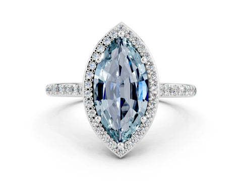 White gold Marquise Cut Halo Round Diamond Pavé Band with Four-Prong Setting