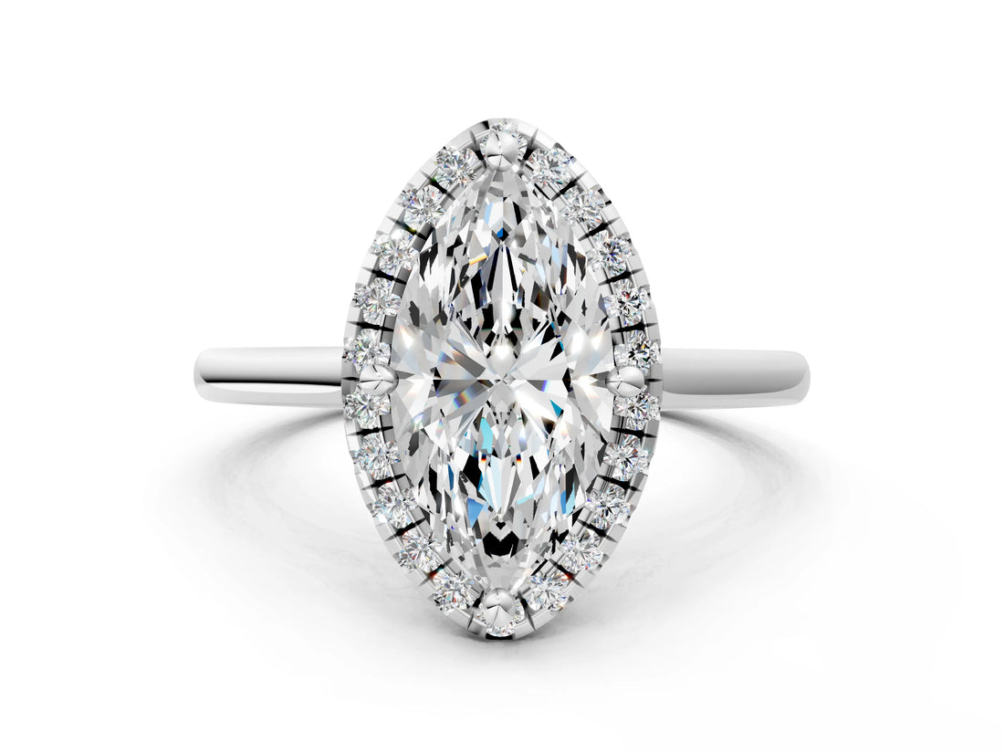White gold Marquise Cut Halo Round Diamond Solitaire Engagement Ring with Pave Band and Four-Prong Setting_7