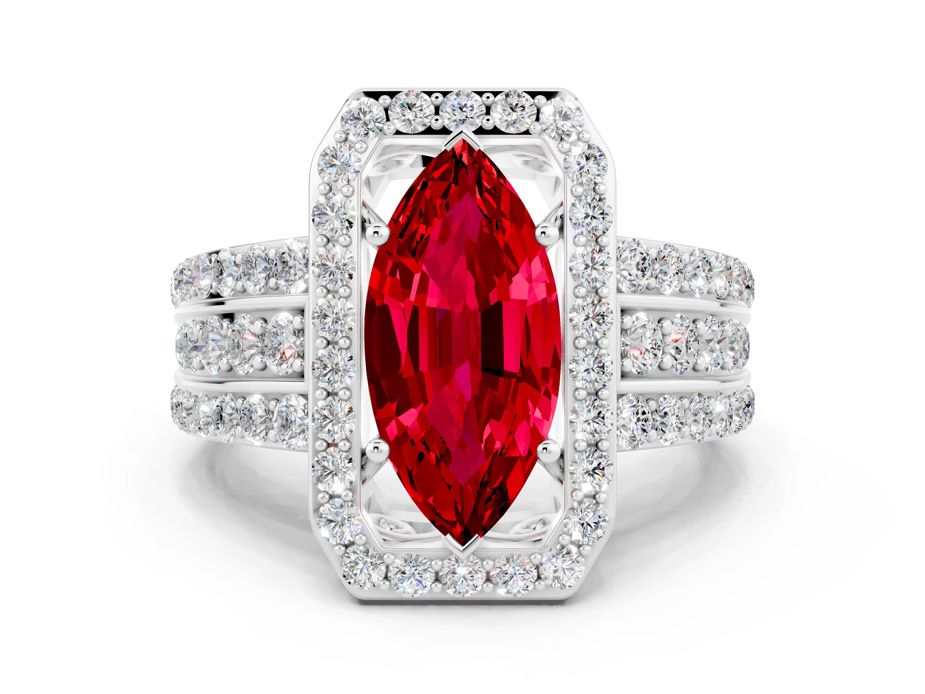 White gold Marquise Cut Halo Ruby Ring with Round  Split Shank and Prong Setting_12