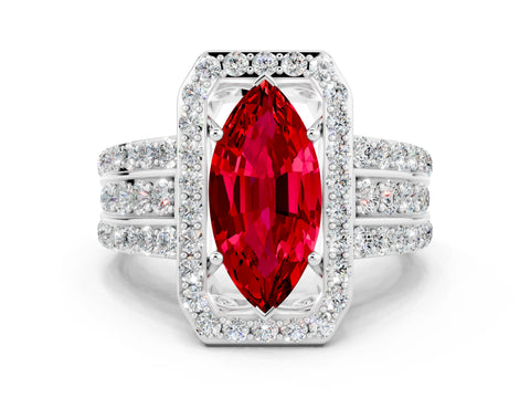 White gold Marquise Cut Halo Ruby Ring with Round  Split Shank and Prong Setting_12