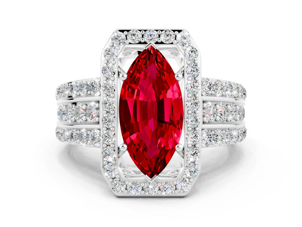 Silver Marquise Cut Halo Ruby Ring with Round  Split Shank and Prong Setting