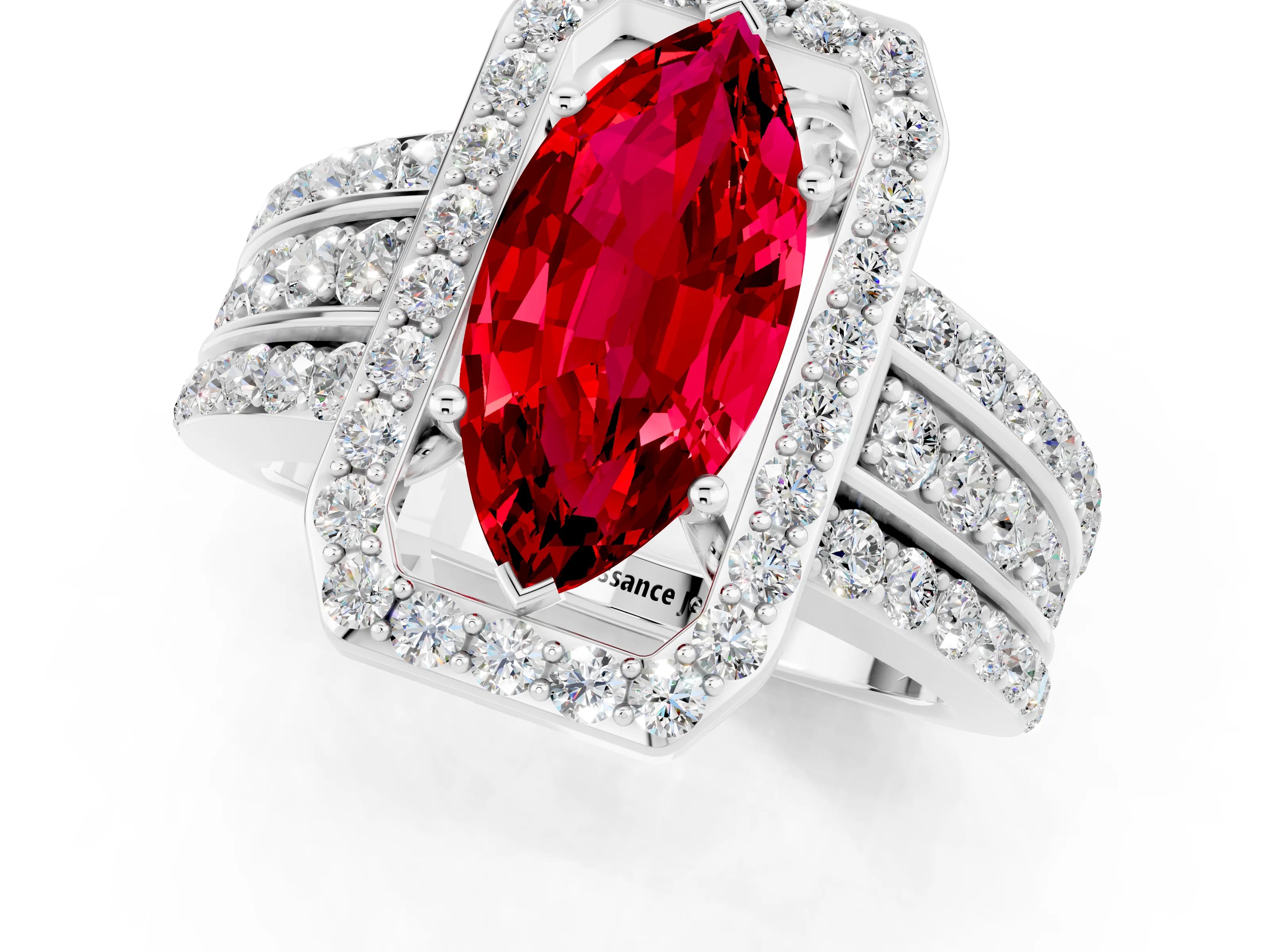 White gold Marquise Cut Halo Ruby Ring with Round  Split Shank and Prong Setting_13