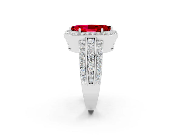 Platinum Marquise Cut Halo Ruby Ring with Round  Split Shank and Prong Setting