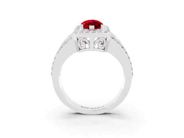 Platinum Marquise Cut Halo Ruby Ring with Round  Split Shank and Prong Setting
