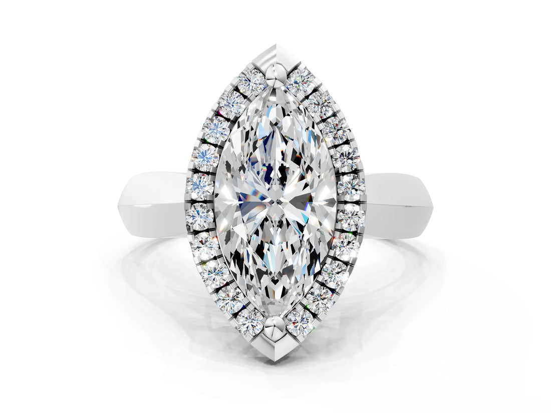 White gold Marquise Cut Halo Solitaire Engagement Ring with Square Band and Four-Prong Setting_90