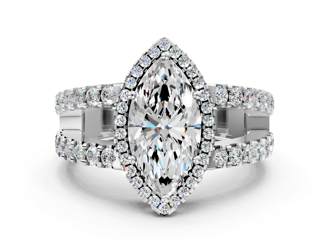 White gold Marquise Cut Halo Split Shank Diamond Ring with Four-Prong Setting_79