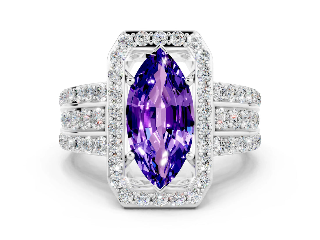 White gold Marquise Cut Halo Tanzanite Ring with Round  Split Shank and Prong Setting_12