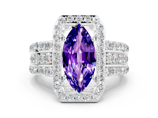 White gold Marquise Cut Halo Tanzanite Ring with Round  Split Shank and Prong Setting