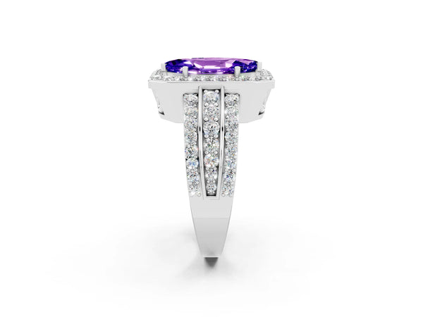 Platinum Marquise Cut Halo Tanzanite Ring with Round  Split Shank and Prong Setting