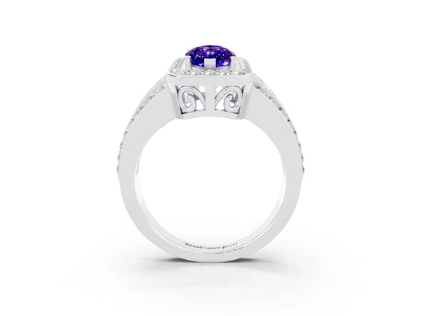 White gold Marquise Cut Halo Tanzanite Ring with Round  Split Shank and Prong Setting