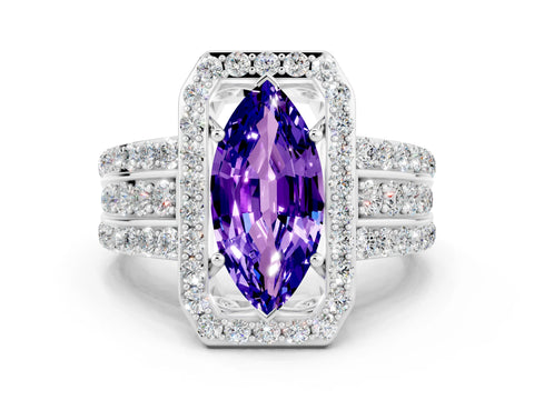White gold Marquise Cut Halo Tanzanite Ring with Split Shank and Four-Prong Setting
