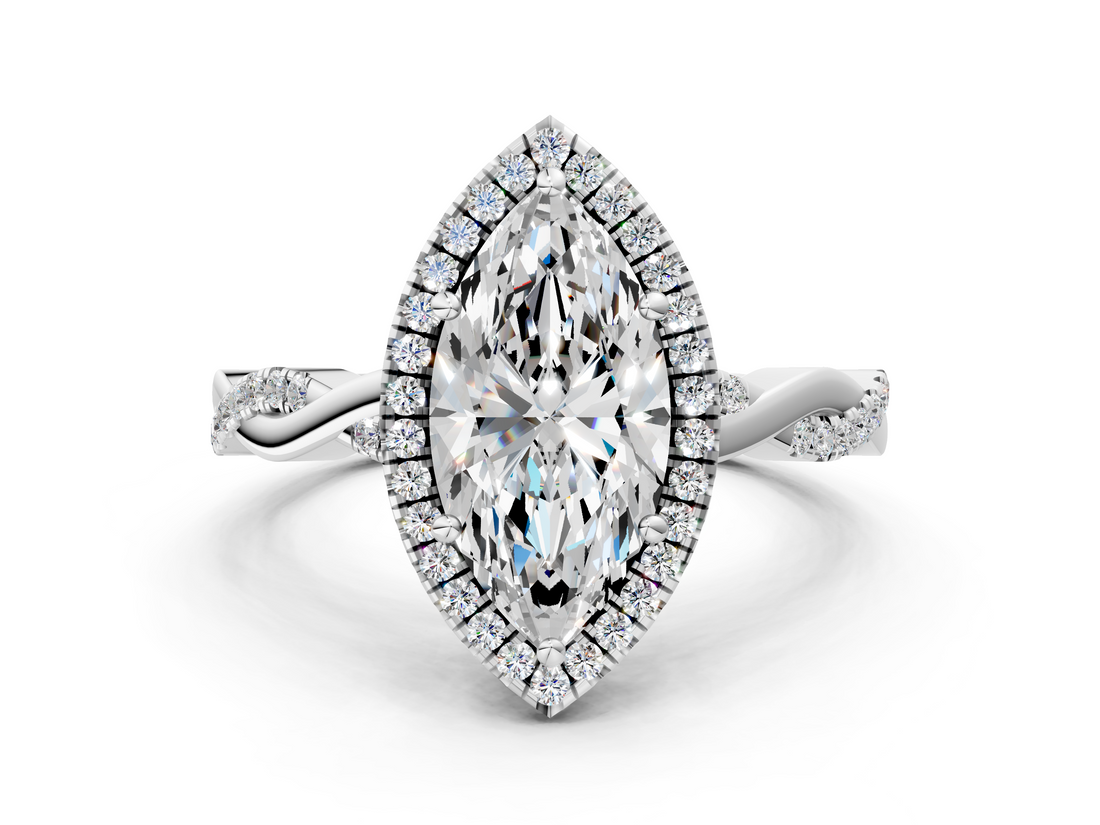 White gold Marquise Cut Halo Twisted Band Four-Prong Ring_46