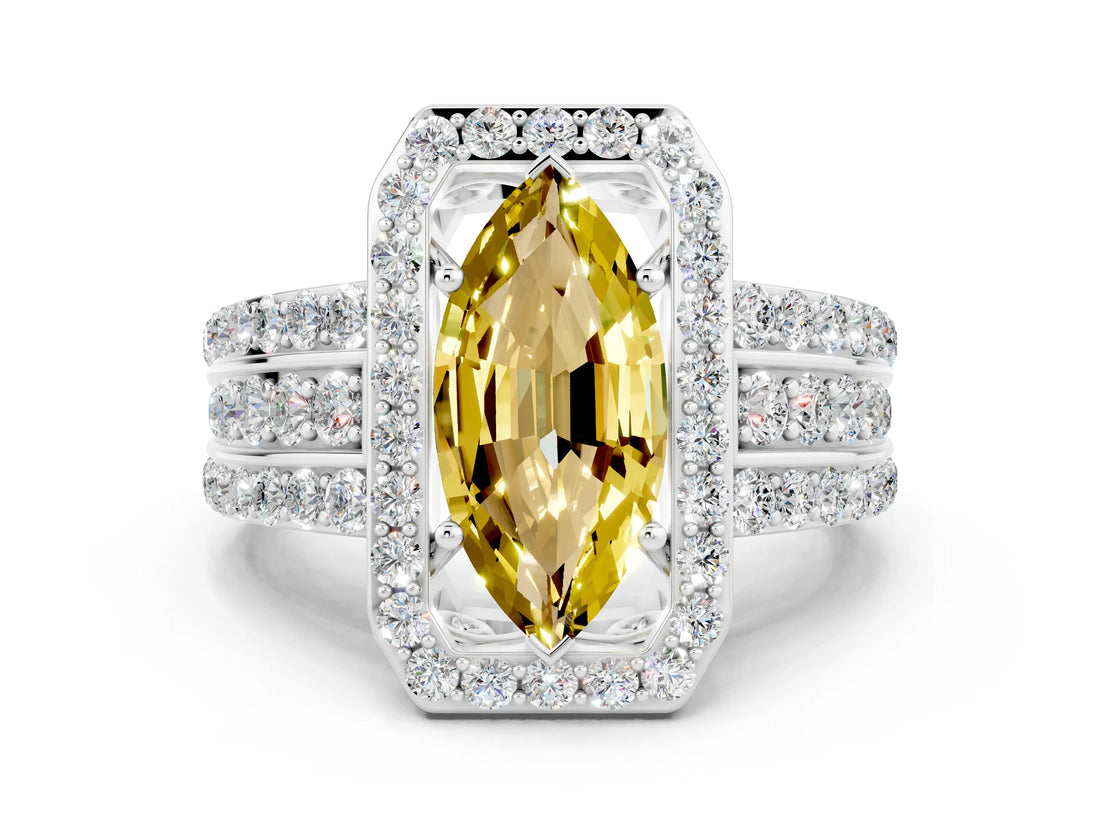 White gold Marquise Cut Halo Yellow Sapphire Ring with Round  Split Shank and Prong Setting_36