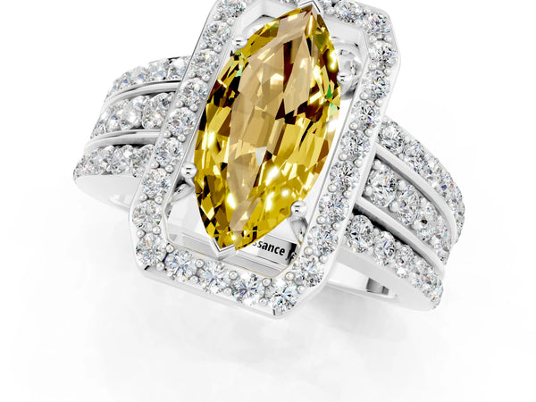 White gold Marquise Cut Halo Yellow Sapphire Ring with Round  Split Shank and Prong Setting