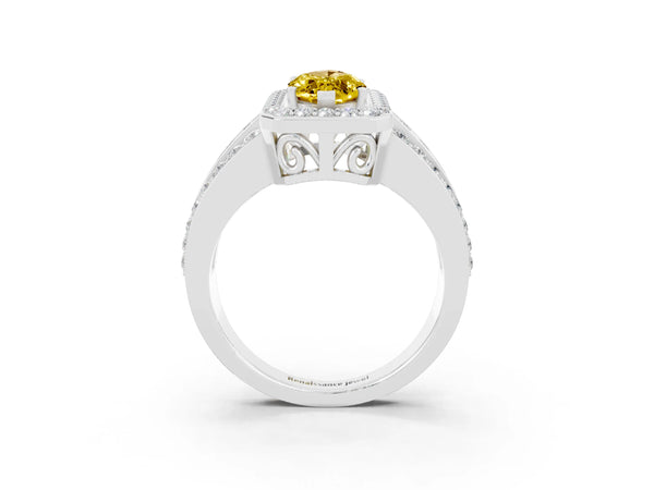 White gold Marquise Cut Halo Yellow Sapphire Ring with Round  Split Shank and Prong Setting