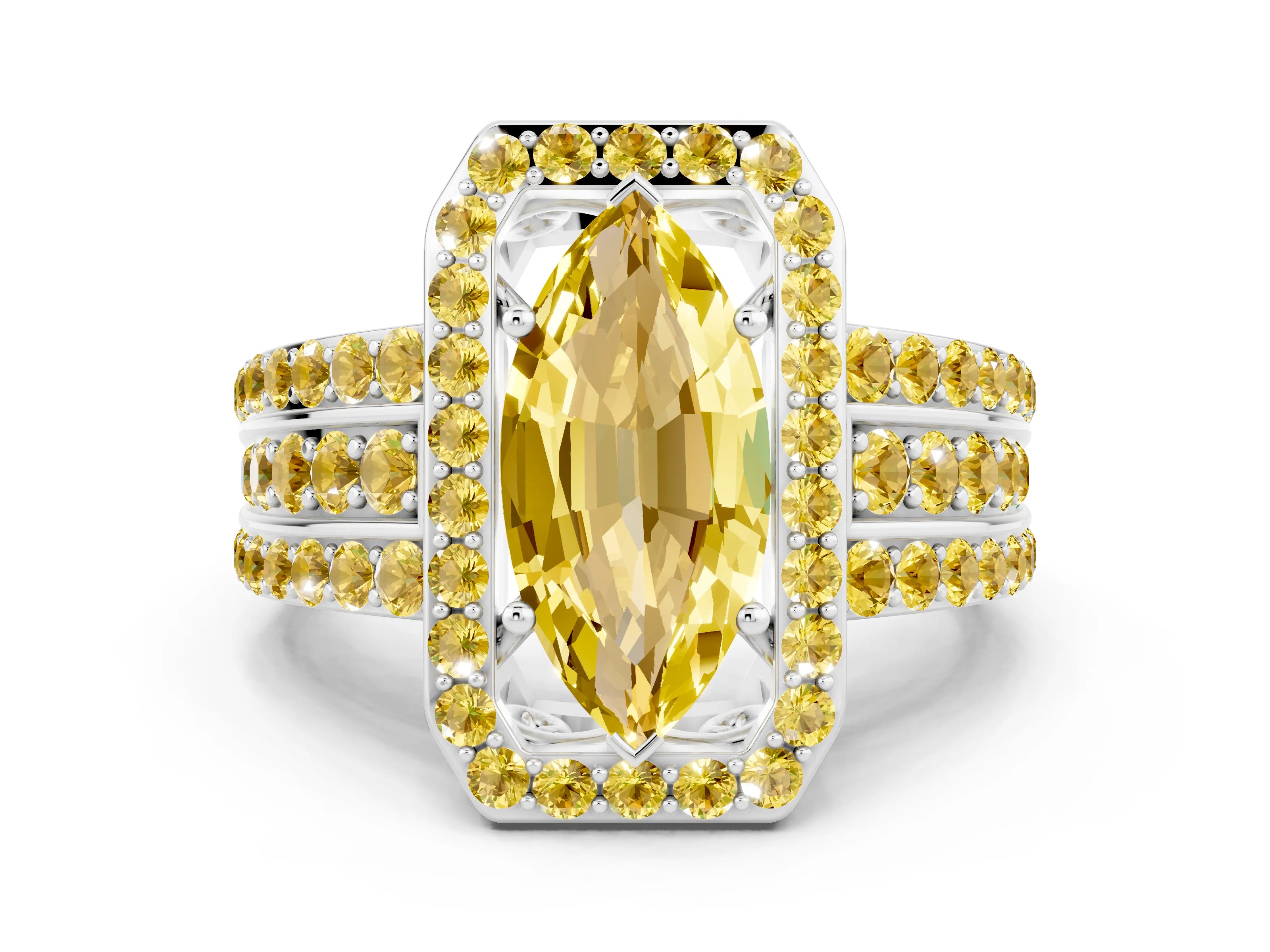 White gold Marquise Cut Halo Yellow Sapphire Ring with Split Shank and Four-Prong Setting