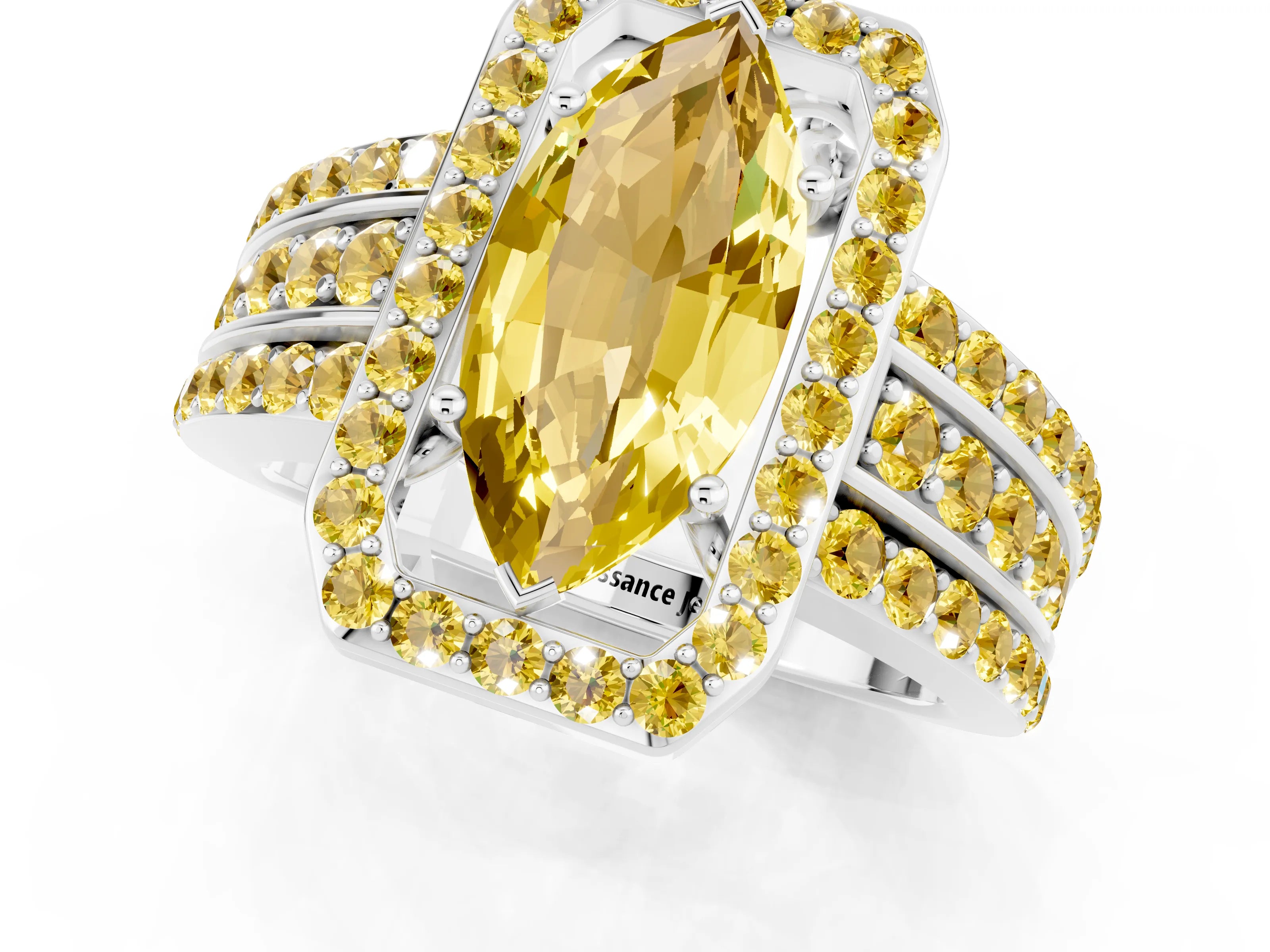 White gold Marquise Cut Halo Yellow Sapphire Ring with Split Shank and Four-Prong Setting_1