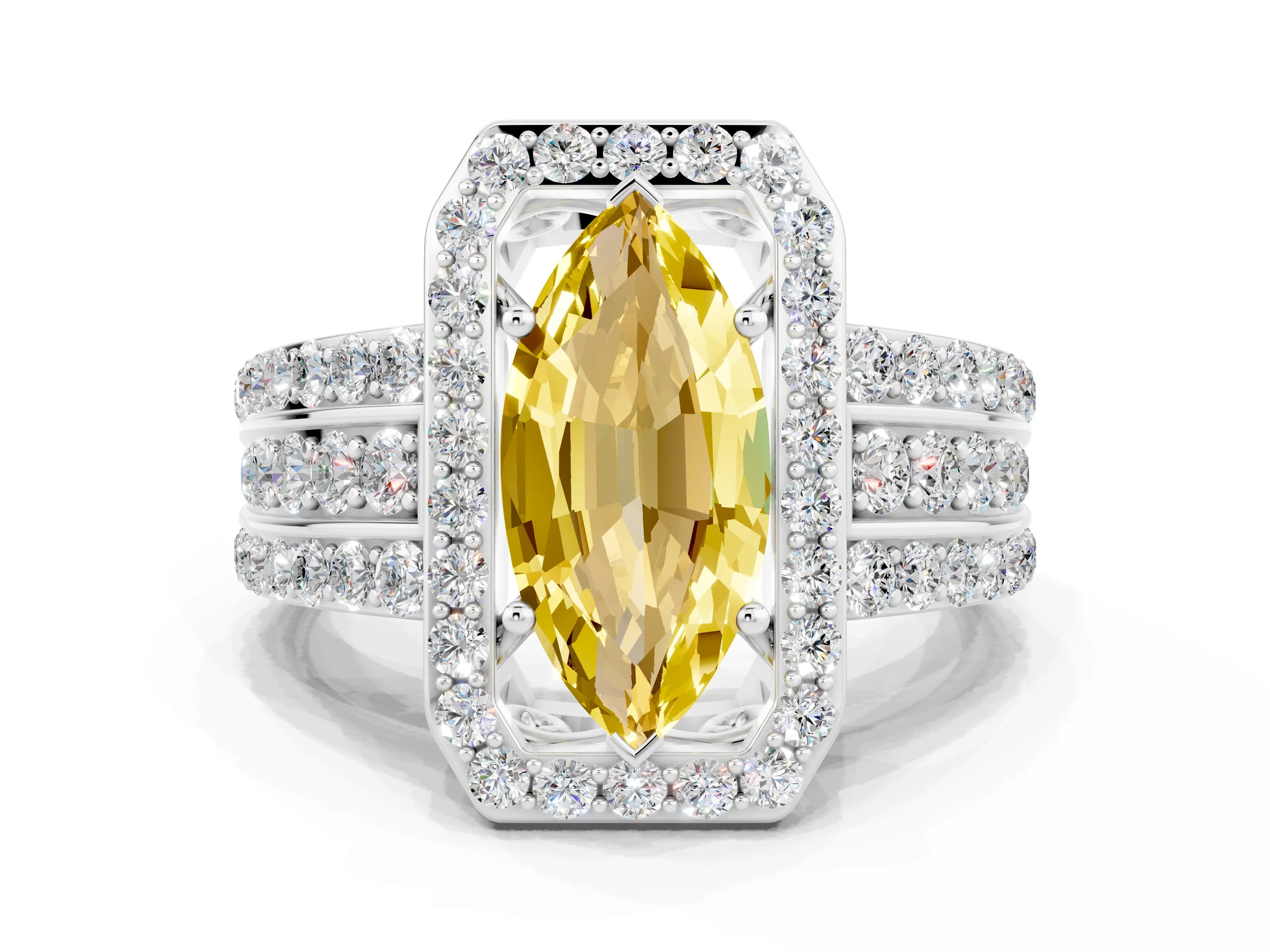 White gold Marquise Cut Halo Yellow Sapphire Ring with Split Shank and Four-Prong Setting_24