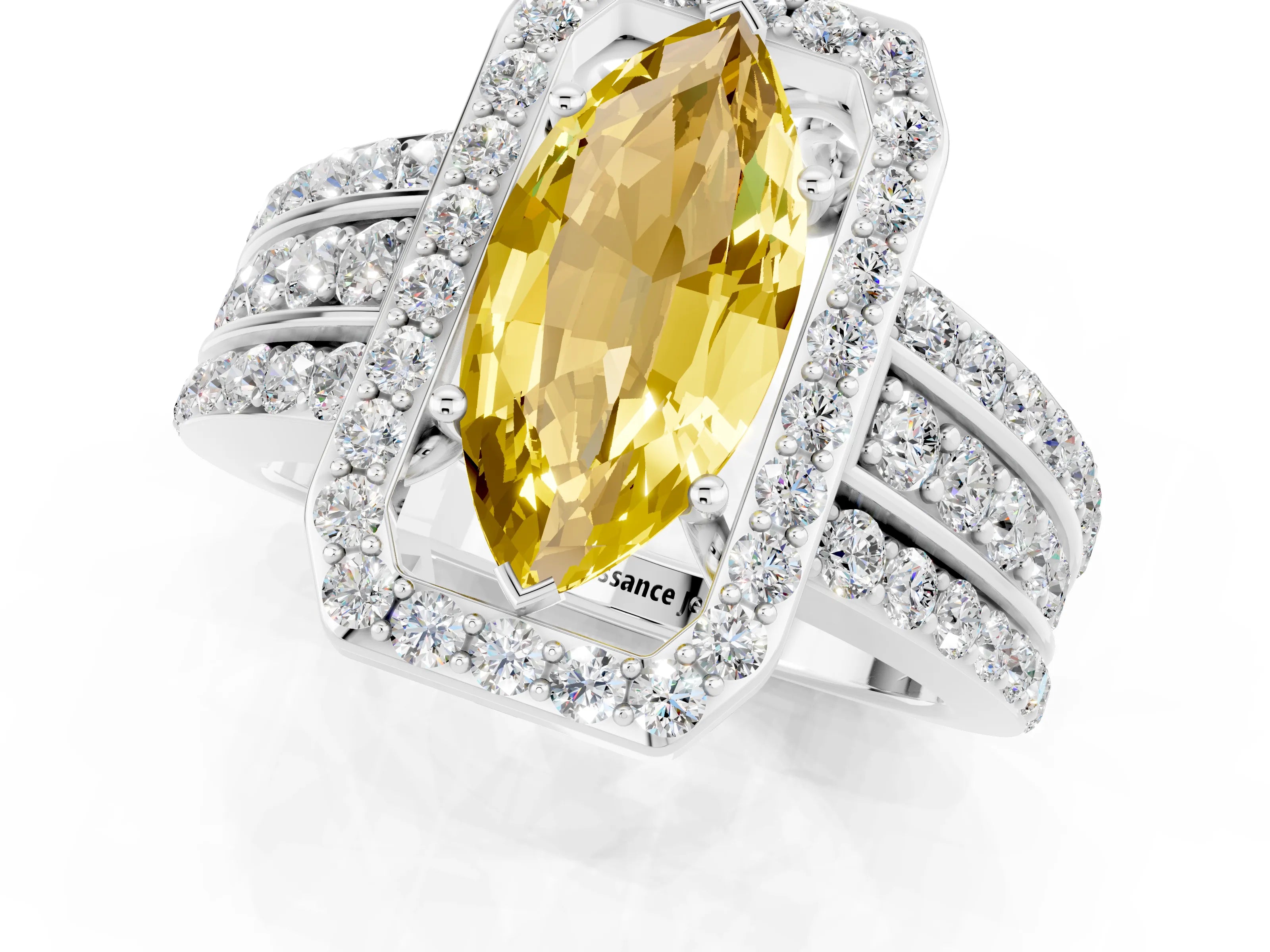 White gold Marquise Cut Halo Yellow Sapphire Ring with Split Shank and Four-Prong Setting_25
