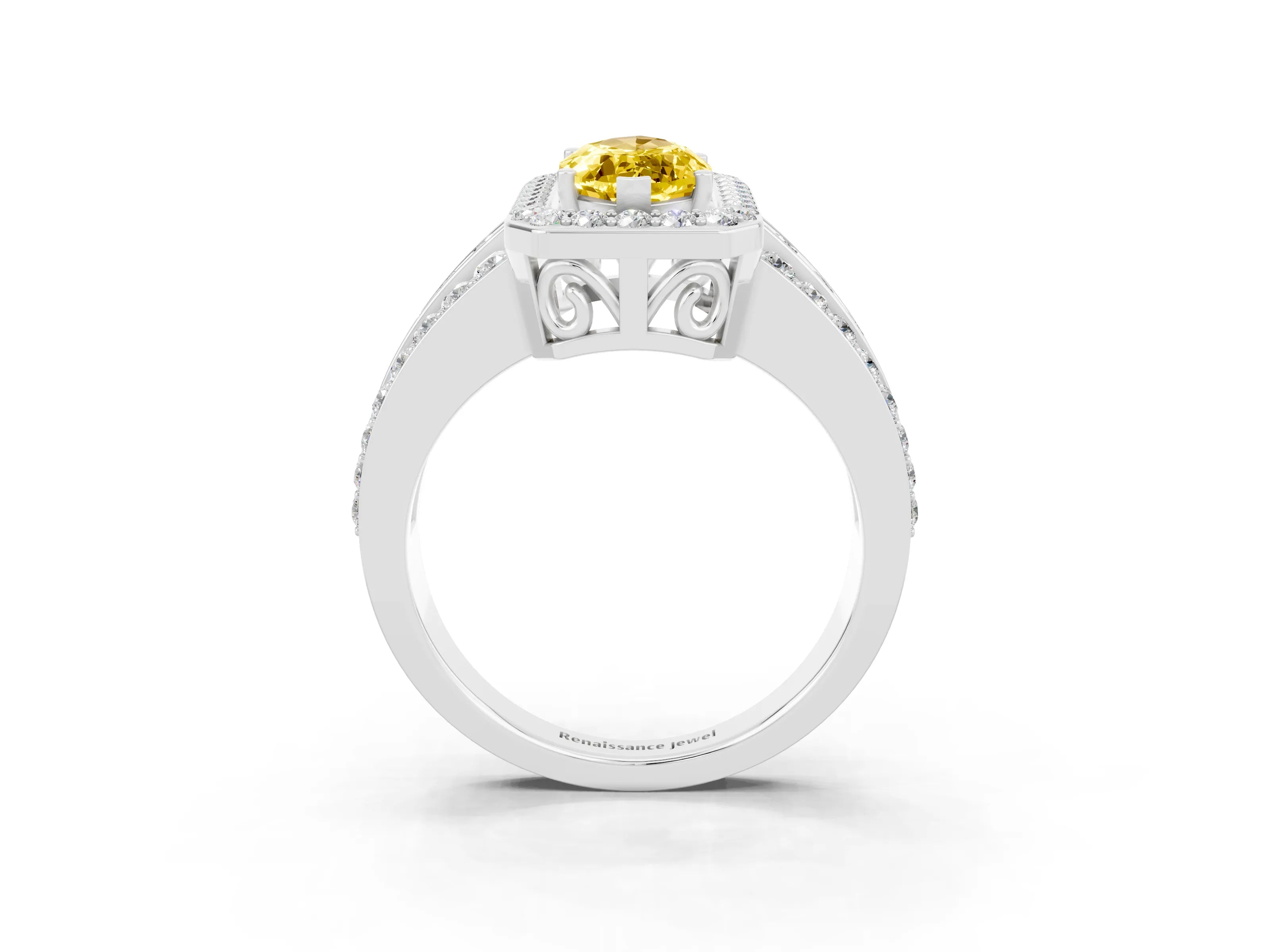 White gold Marquise Cut Halo Yellow Sapphire Ring with Split Shank and Four-Prong Setting_27