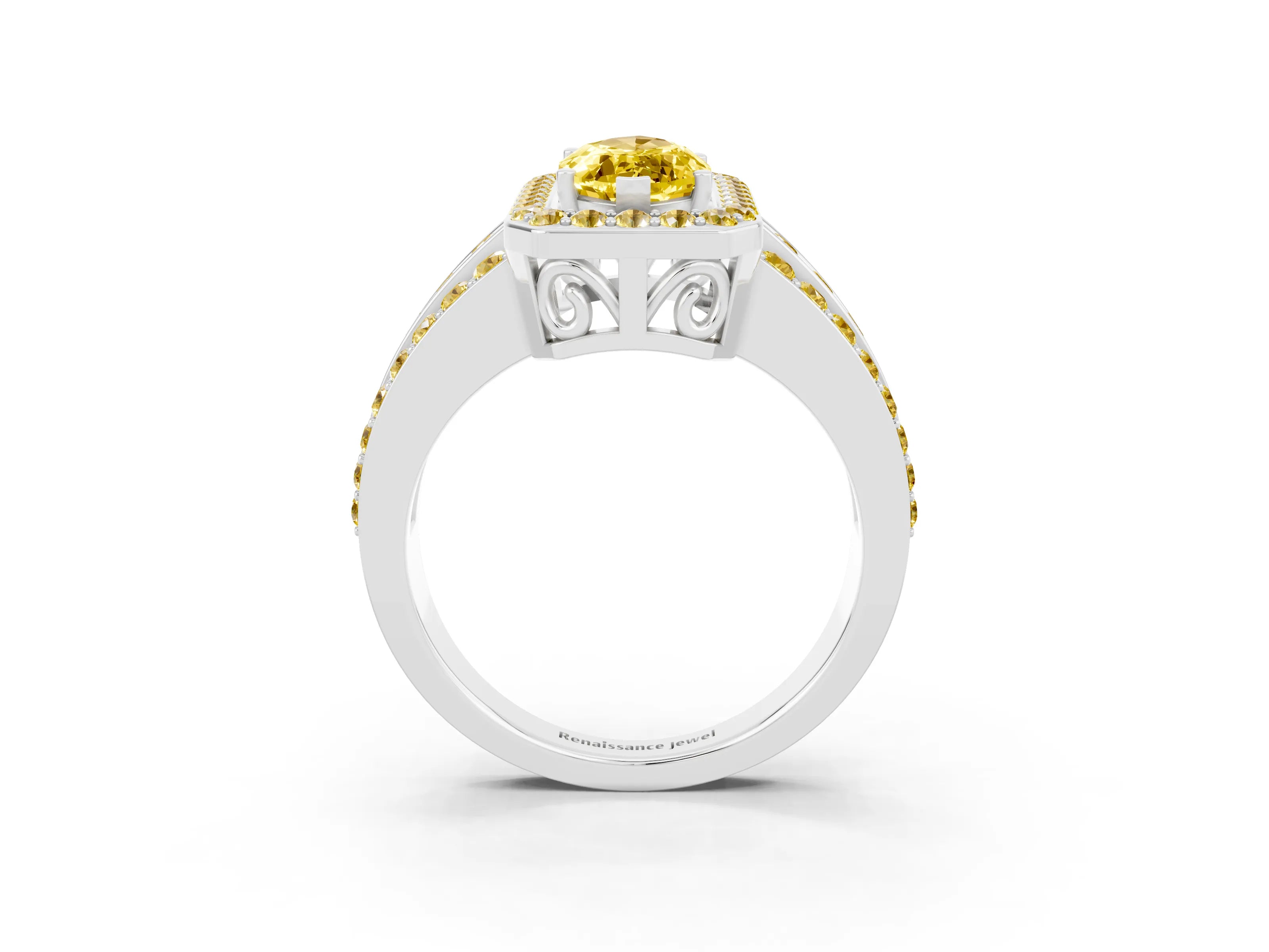 White gold Marquise Cut Halo Yellow Sapphire Ring with Split Shank and Four-Prong Setting_3