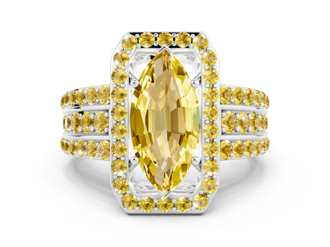 White gold Marquise Cut Halo Yellow Sapphire Ring with Split Shank and Four-Prong Setting