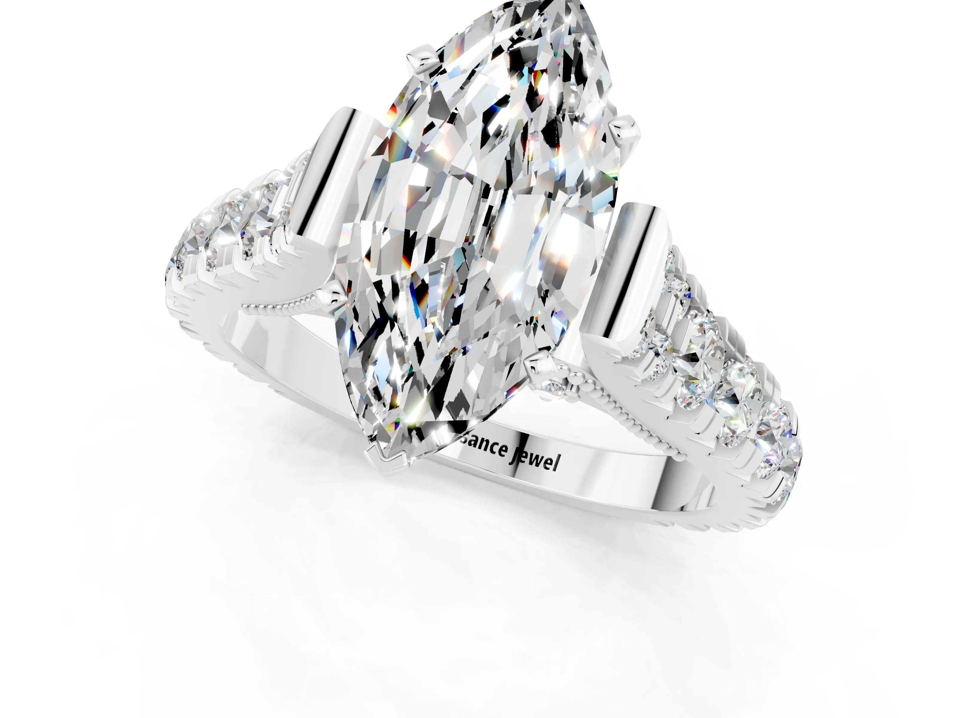 White gold Marquise Cut Moissanite Classic Solitaire Ring with Pavé Band and Four-Prong Setting_1