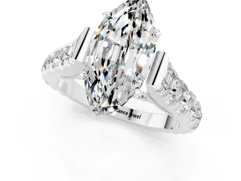 White gold Marquise Cut Moissanite Classic Solitaire Ring with Pavé Band and Four-Prong Setting_1