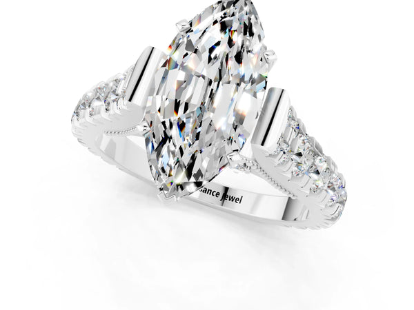 Silver Marquise Cut Moissanite Classic Solitaire Ring with Pavé Band and Four-Prong Setting