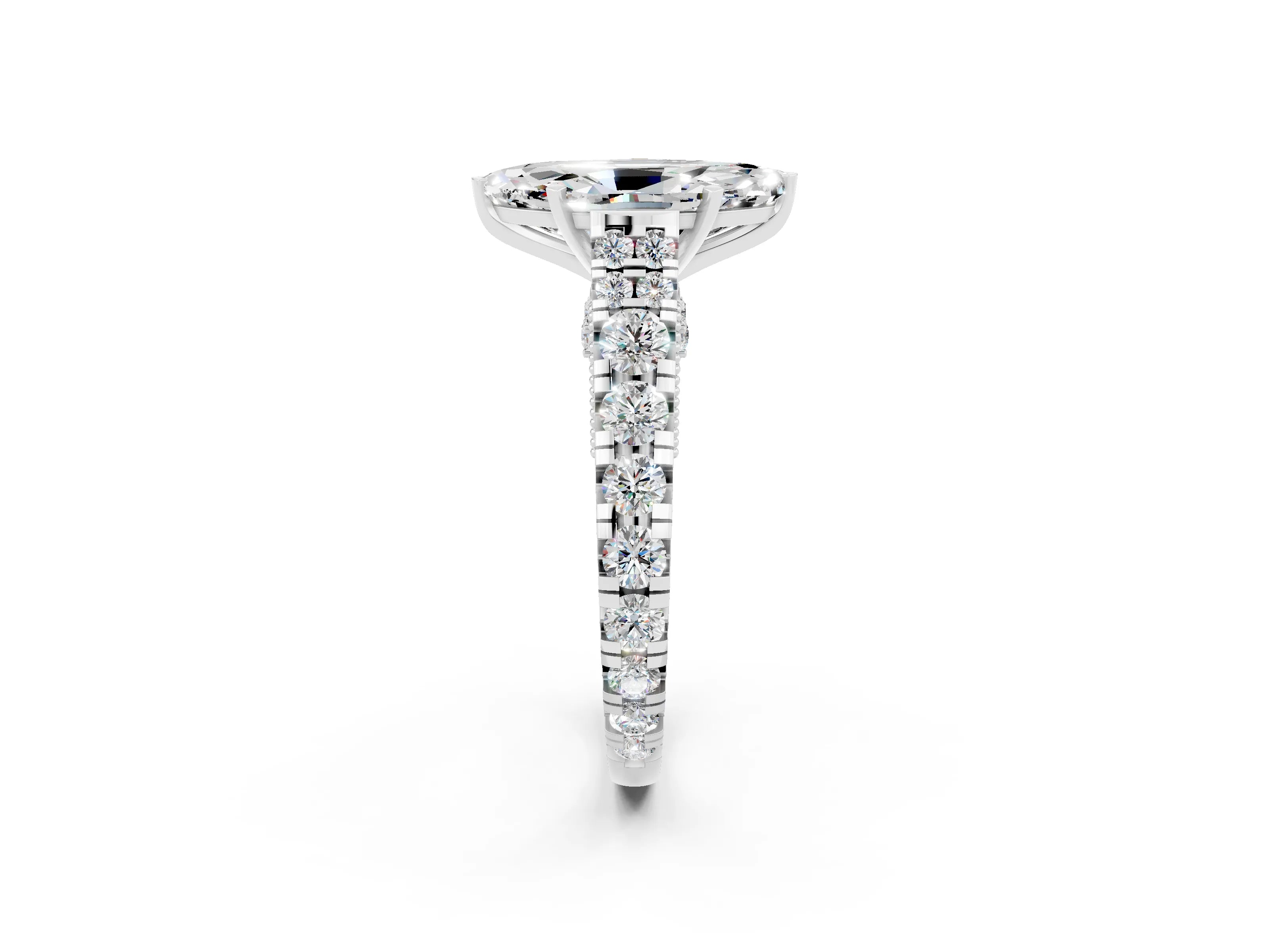 White gold Marquise Cut Moissanite Classic Solitaire Ring with Pavé Band and Four-Prong Setting_2