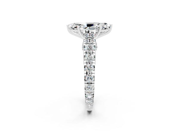 Silver Marquise Cut Moissanite Classic Solitaire Ring with Pavé Band and Four-Prong Setting
