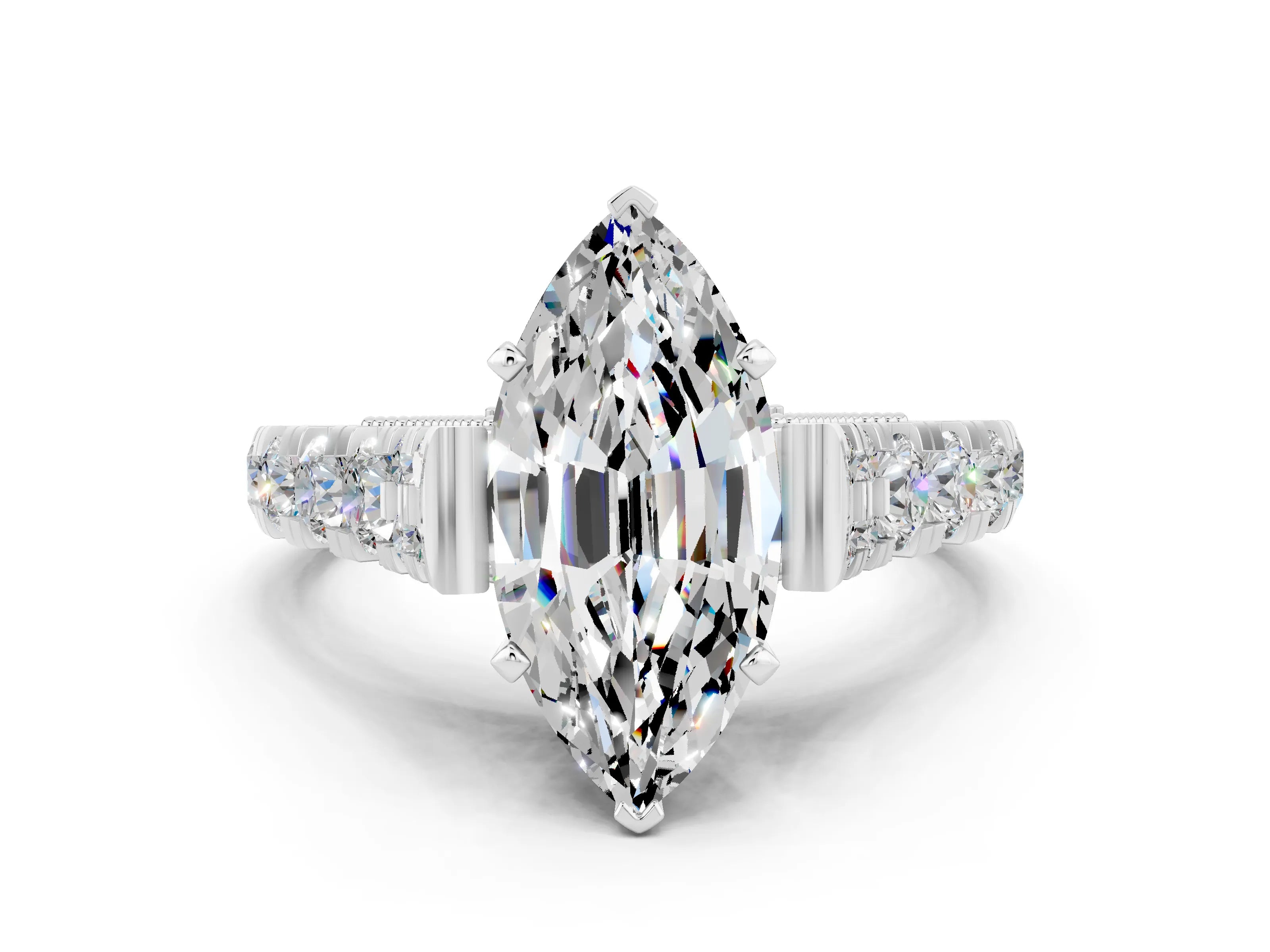White gold Marquise Cut Moissanite Classic Solitaire Ring with Pavé Band and Four-Prong Setting