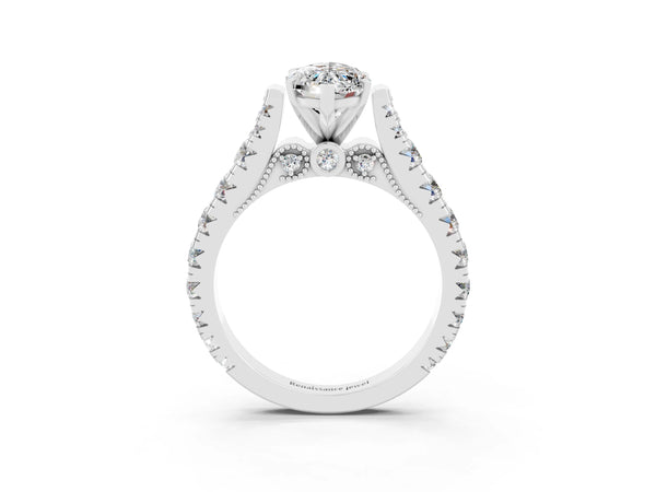 Platinum Marquise Cut Moissanite Classic Solitaire Ring with Pavé Band and Four-Prong Setting