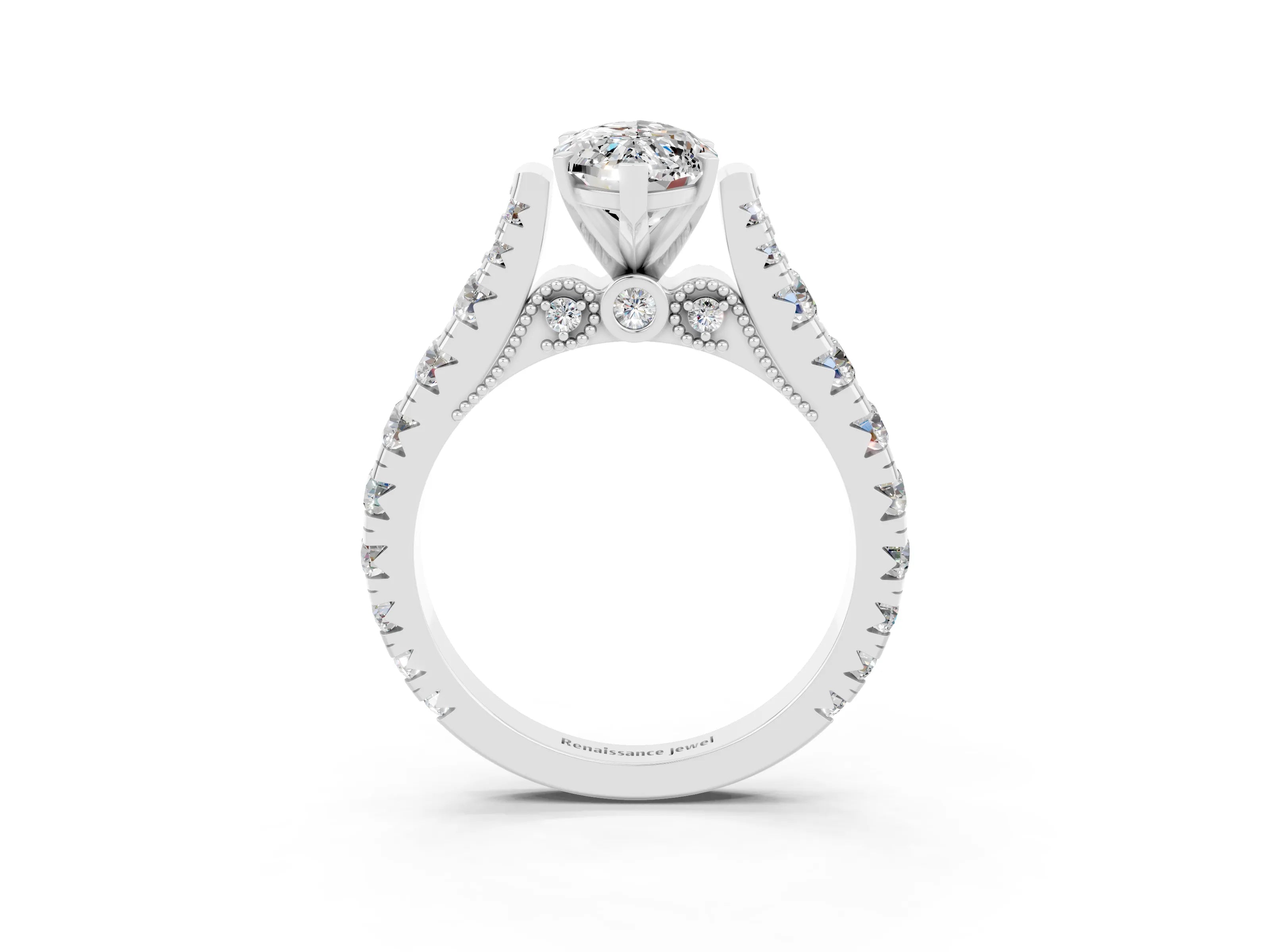 White gold Marquise Cut Moissanite Classic Solitaire Ring with Pavé Band and Four-Prong Setting_3