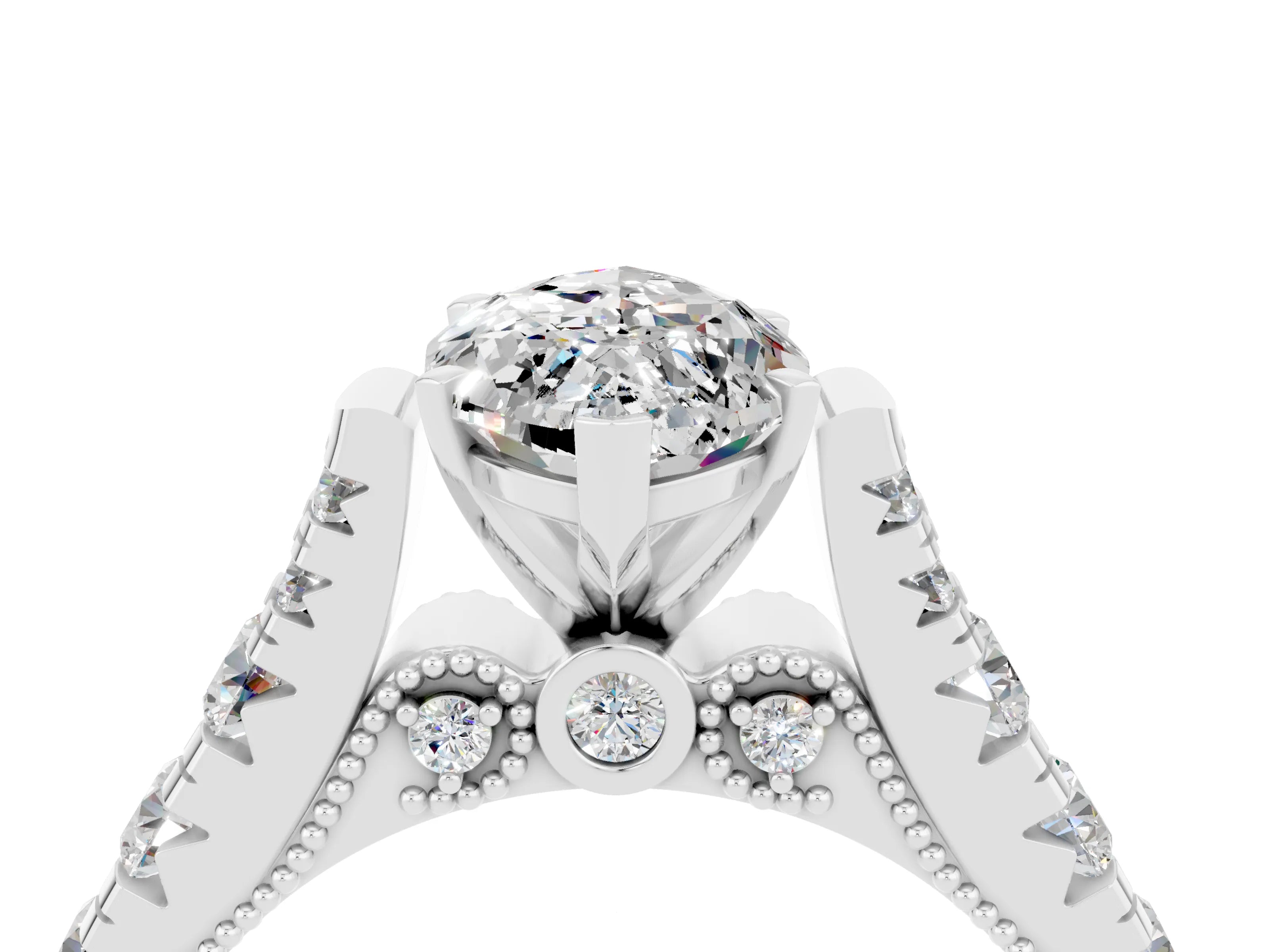 White gold Marquise Cut Moissanite Classic Solitaire Ring with Pavé Band and Four-Prong Setting_4