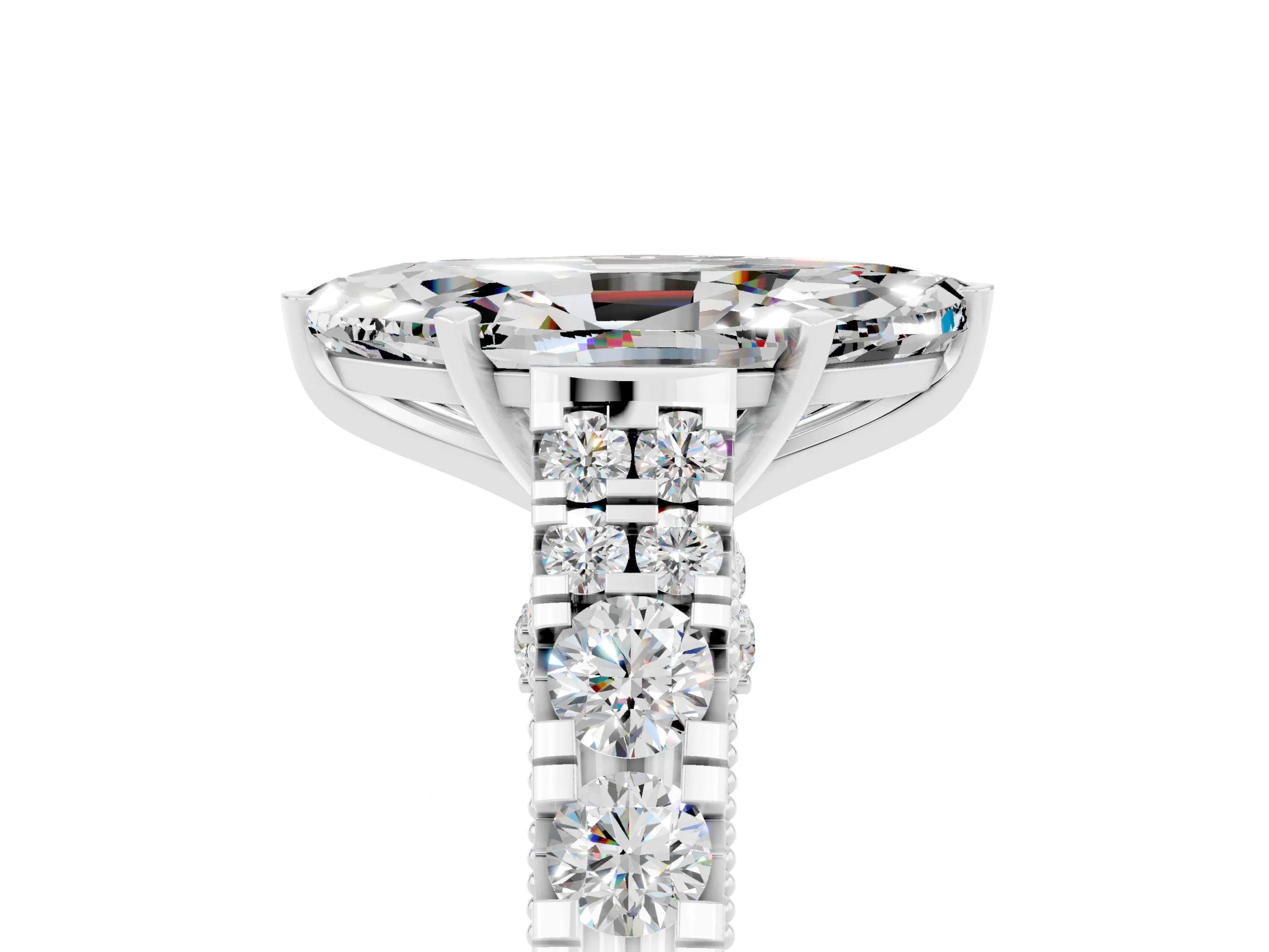 White gold Marquise Cut Moissanite Classic Solitaire Ring with Pavé Band and Four-Prong Setting_5