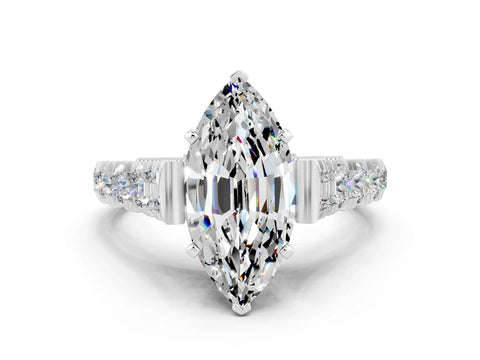 White gold Marquise Cut Moissanite Classic Solitaire Ring with Pavé Band and Four-Prong Setting