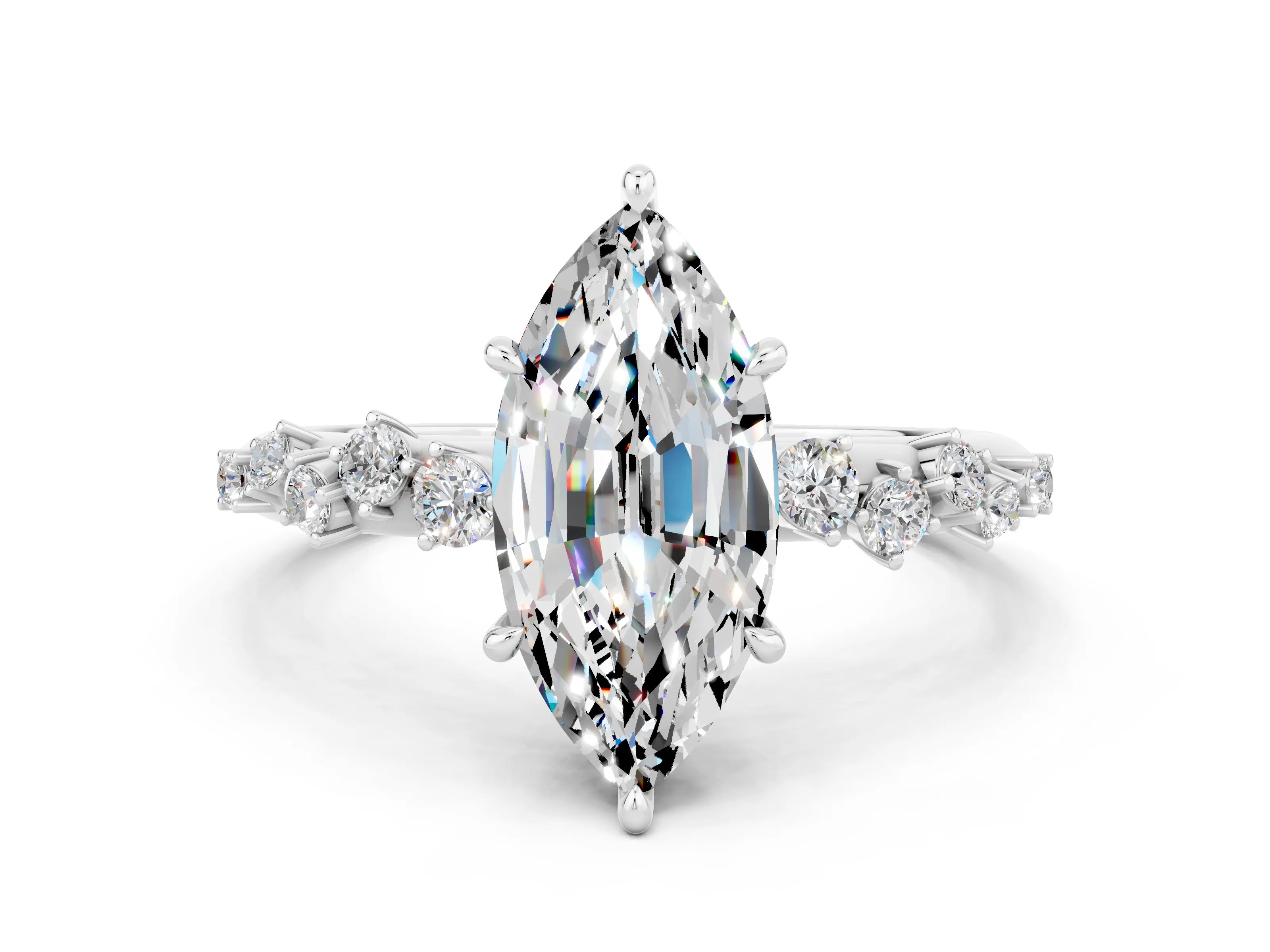 White gold Marquise Cut Moissanite Cluster Side Stone Solitaire Ring with Prong Setting_24