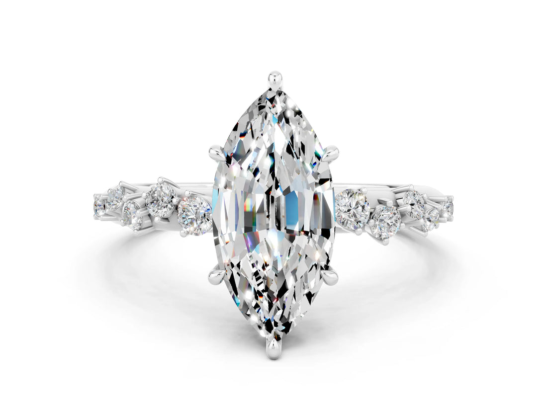 White gold Marquise Cut Moissanite Cluster Side Stone Solitaire Ring with Prong Setting_24