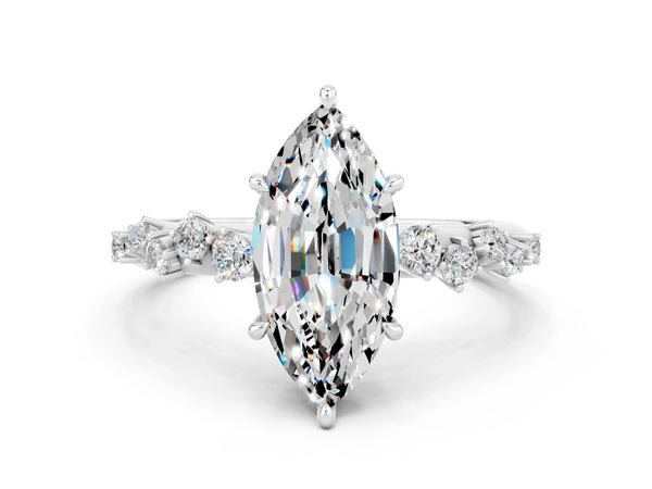 Silver Marquise Cut Moissanite Cluster Side Stone Solitaire Ring with Prong Setting