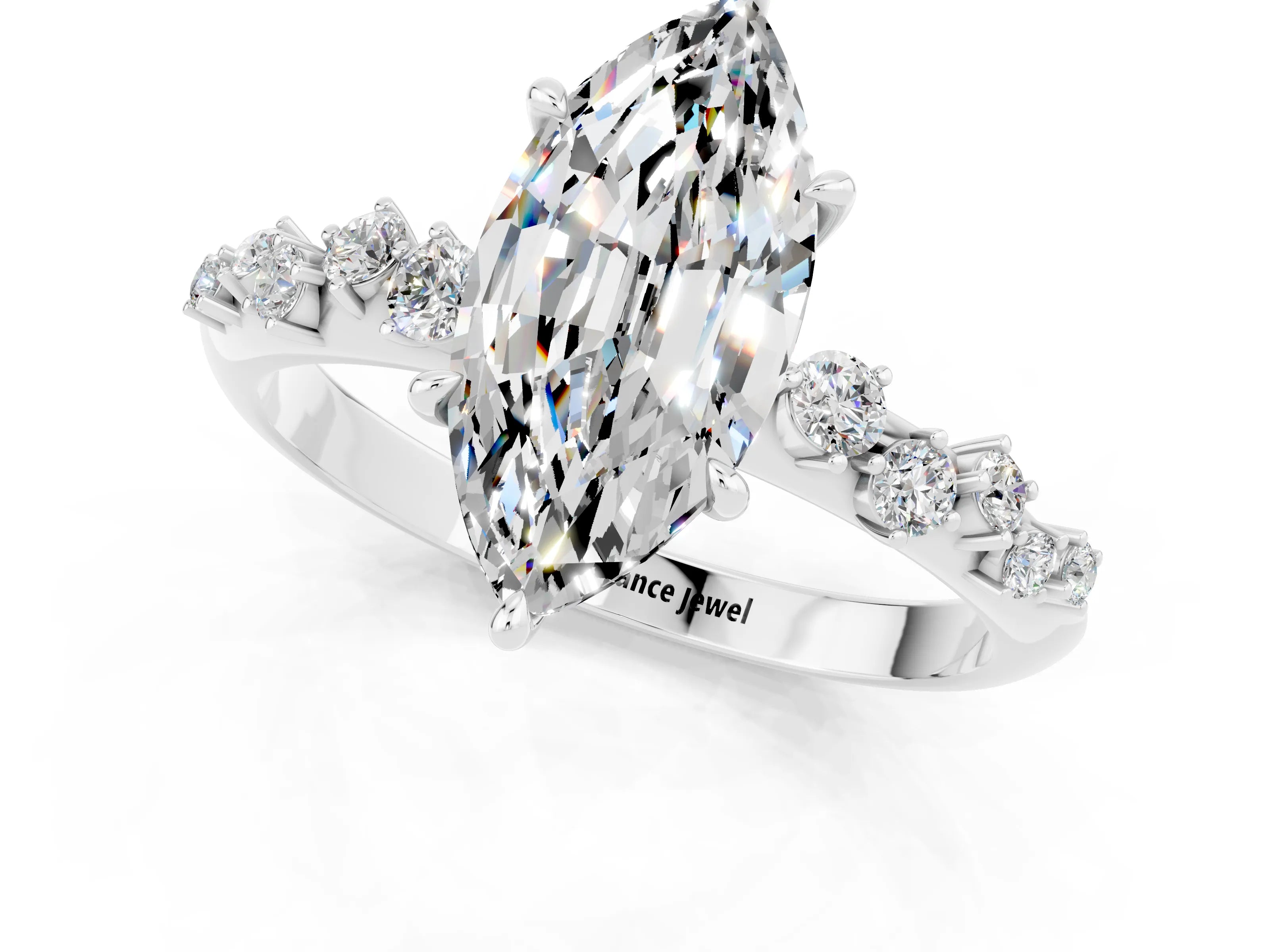 White gold Marquise Cut Moissanite Cluster Side Stone Solitaire Ring with Prong Setting_25