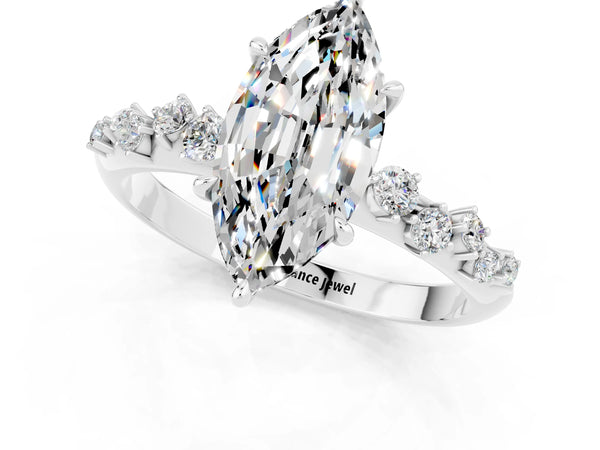 Platinum Marquise Cut Moissanite Cluster Side Stone Solitaire Ring with Prong Setting