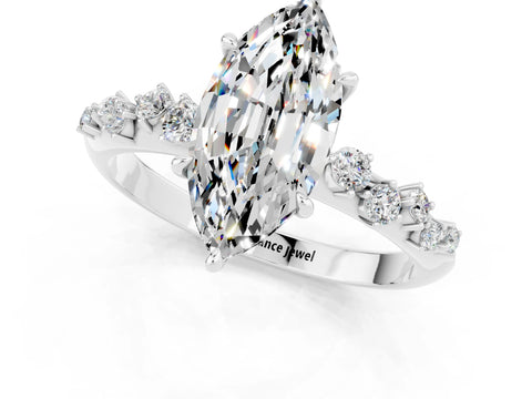 White gold Marquise Cut Moissanite Cluster Side Stone Solitaire Ring with Prong Setting_25