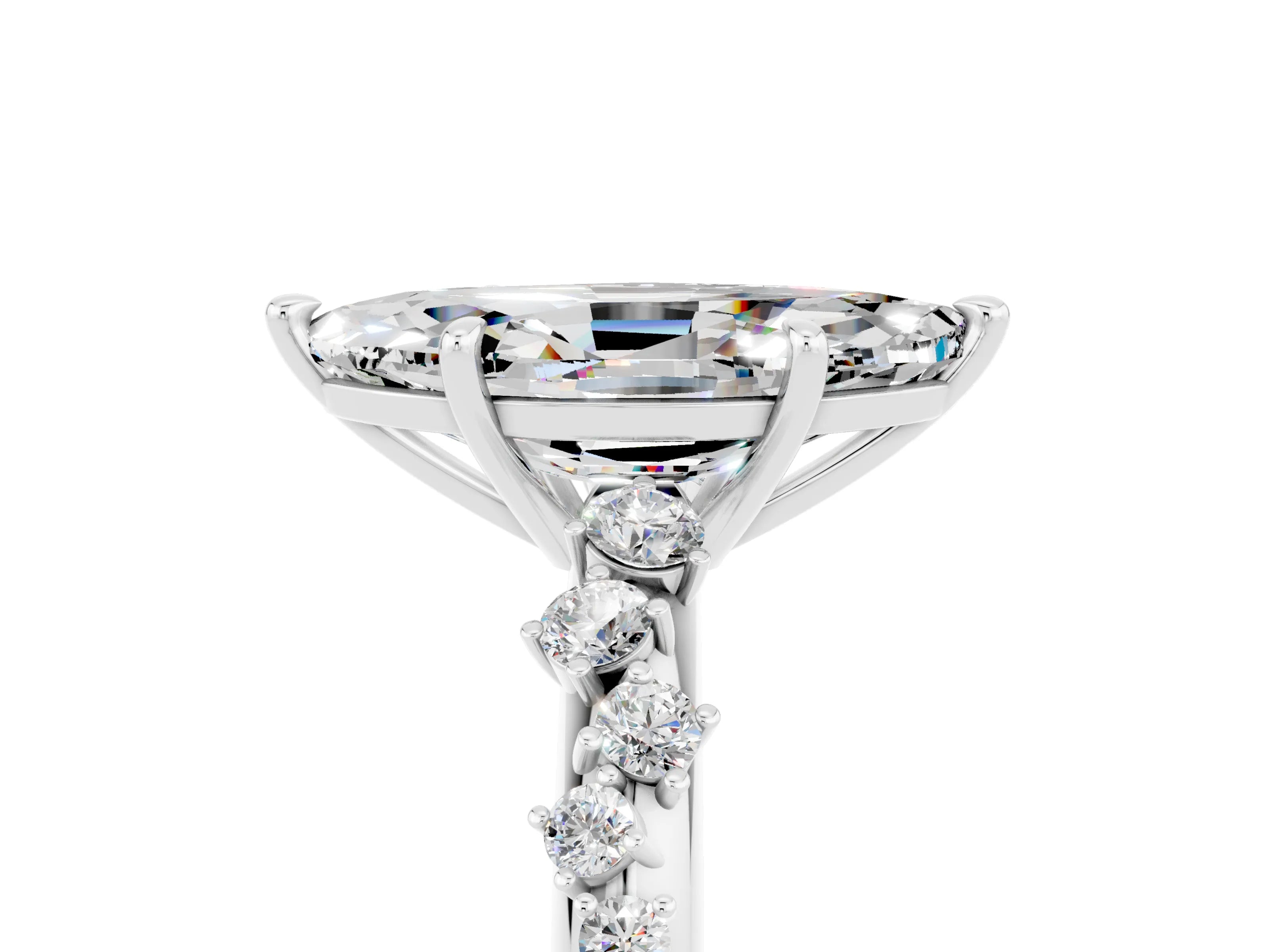 White gold Marquise Cut Moissanite Cluster Side Stone Solitaire Ring with Prong Setting_29