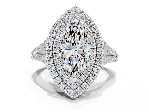 White gold Marquise Cut Moissanite Double Halo Ring with Pavé Band and Prong Setting_12